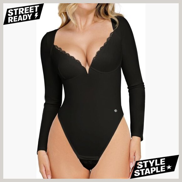 Long Sleeve Shapewear Bodysuit with Tummy Control and Lace Detail
